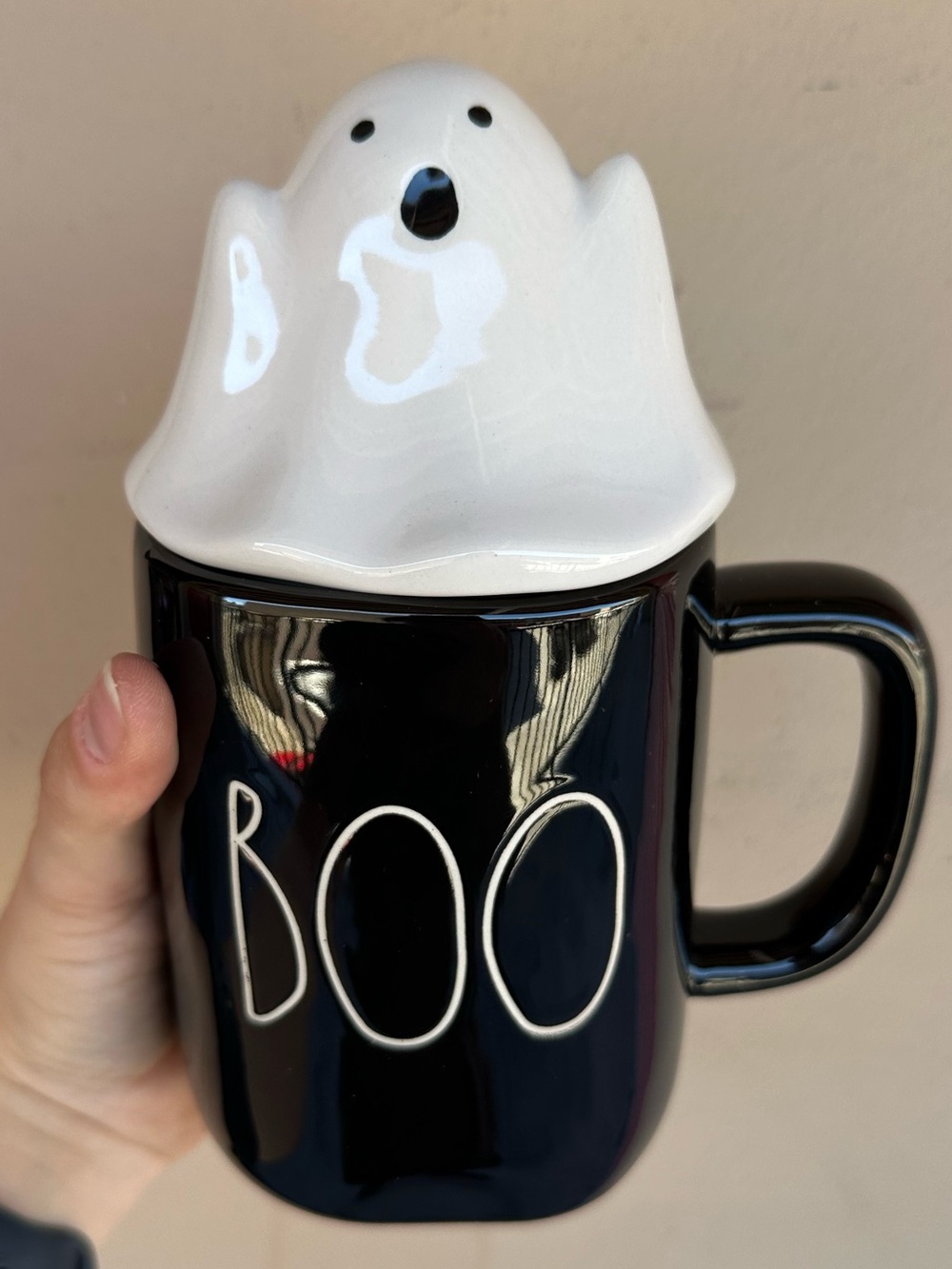 Rae Dunn White Ghost Topped Black 'BOO' Ceramic Halloween Spooky Mug